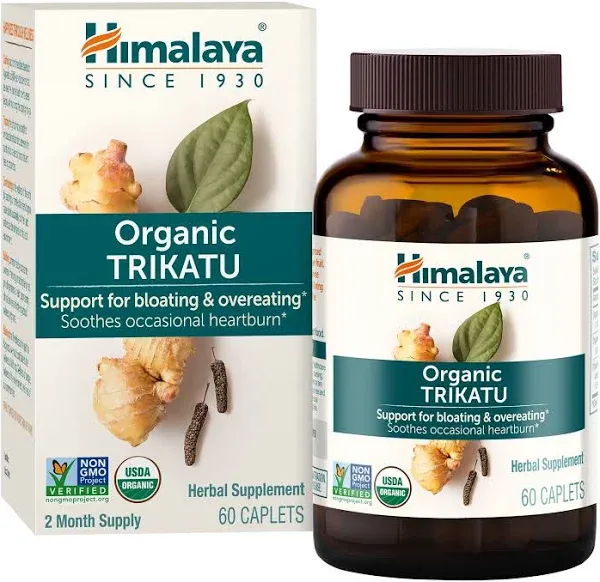 Himalaya Organic Trikatu, Herbal Supplement for Occasional Heartburn, Digestive Support, Gas, Bloating, Overeating, Ginger, Black Pepper, Non-GMO, USDA Organic, Vegan, 60 Plant-Based Caplets