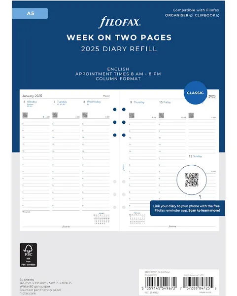 2025 FILOFAX A5 Week on Two Pages Diary with Appointments - 68514