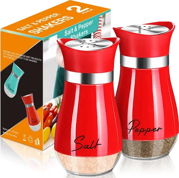 Salt and Pepper Shakers Set,4 oz Glass Bottom Salt Pepper Shaker with Stainless Steel Lid for Kitchen Cooking Table, RV, Camp,BBQ Refillable Design Christmas Kitchen Decor Gifts(Red)