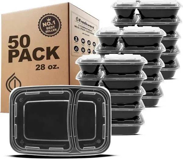 Meal Prep Containers 50 Pack 2 Compartment with Lids, Food Storage Containers,