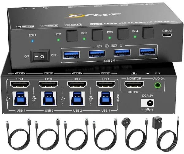 HDMI KVM Switch 4 Computers 8K@60Hz 4K@144Hz, Simulation EDID, Camgeet 4 Port USB3.0 KVM Switch with Audio for 4 Computer Share 1 Monitor and Keyboard Mouse Headset,Wired Remote,Power Adapter Included