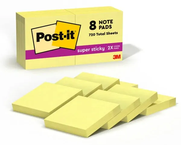 3M Post-It Super Sticky Notes Canary Yellow 8-pack