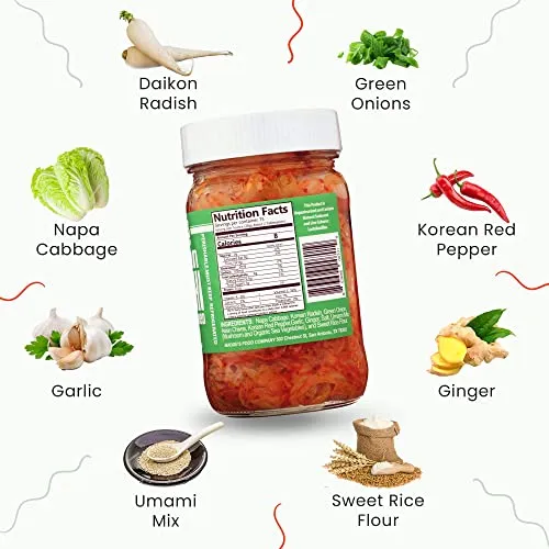 Madge's Food Traditional Vegan Kimchi Made from Napa Cabbage, Contains Probiotics, Gut Enzymes & Fermented Longer for Increased Health Benefits, No Sugar Added, Mild, 15oz