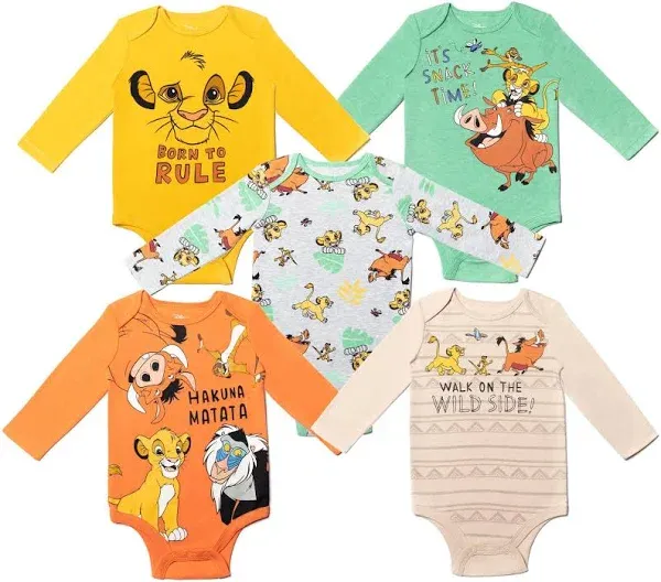 Disney Lion King Winnie The Pooh Nightmare Before Christmas Mickey Mouse Baby 5 Pack Bodysuits Newborn to Infant