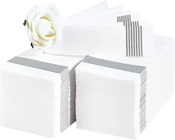 LITOPAK 100 Pack Guest Towels Disposable, Soft And Absorbent Bathroom Napkins, Paper Guest Towels for Bathrooms, Party, Wedding or Events. White and Silver