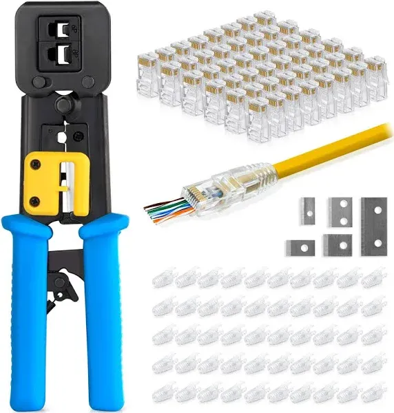 Everest Media Solutions RJ45 Crimp Tool Kit, With 50 Cat6 Pass Through Connectors and 50 Strain Relief Boots + Extra blades - EZ Cut, Strip, Crimp Ethernet Cables - Professional Network Crimping tool