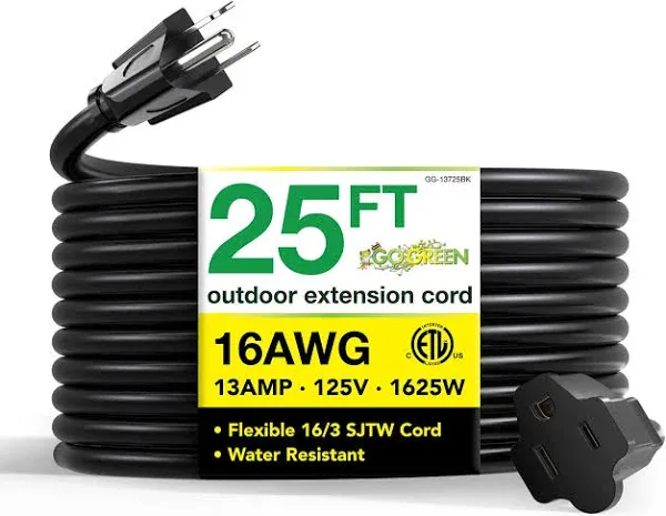 Gogreen Power GG-13725BK 16/3 25&#039; Heavy Duty Extension Cord Black, 25 Ft