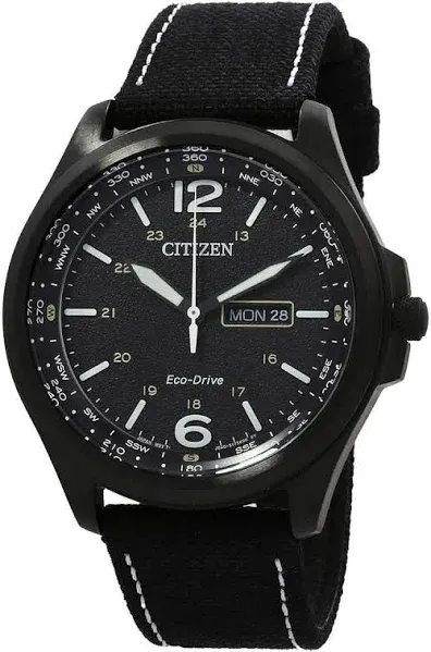 Citizen Mens Watch AW0115-03E Eco-Drive Black Dial Day Date Leather Canvas Strap