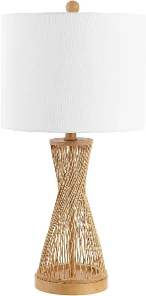 SAFAVIEH Table Lamps 25.5&#034;H x 13&#034;W Natural Wood 1-Light LED Plug-In Drum Brown