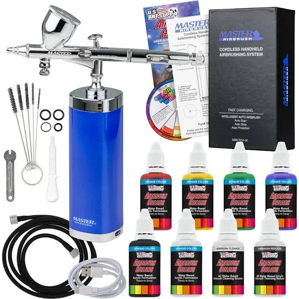 Master Airbrush Powerful Cordless Handheld Acrylic Paint Airbrushing System with 6 Primary Opaque Paint Colors, Reducer & Cleaner Kit - 20 to 36 PSI, Rechargeable Professional Artist Set, How to Guide