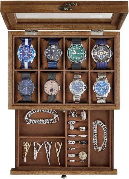 SONGMICS Watch Box with 8 Slots 2-Tier Wood Watch Case with Large Glass Lid