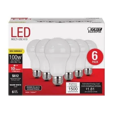 Feit Electric® 100-Watt Equivalent A19 Warm White LED Light Bulb - 6 Pack