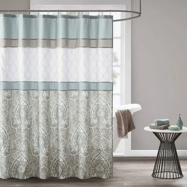 Shower Curtain, Geometric Textured Embroidery Design with Built-in Liner, Mod...