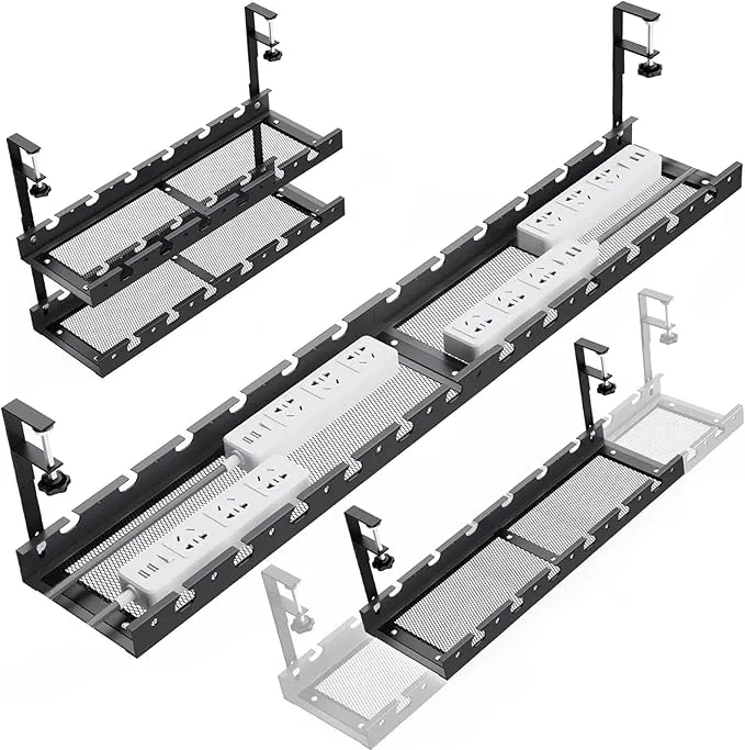 31inch Extendable Under Desk Cable Management Tray Multi-Model Metal Cable Management Tray Under Desk Cord Management with Clamp Power Strip Cord