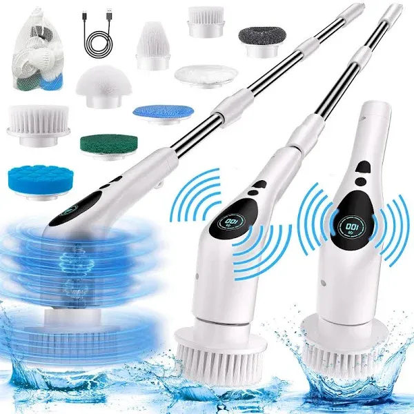 Electric Spin Scrubber, Electric Spin Cordless Tub and Tile Scrubber with Voice Broadcasting 3 Speed 9 Replaceable Clean Heads Power Spin Scrubbers