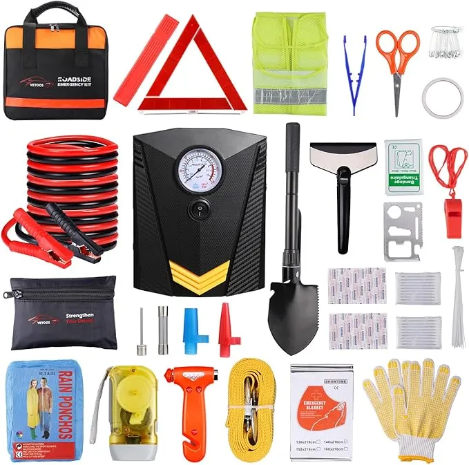 Vetoos Car Roadside Emergency Kit with Jumper Cables, Auto Vehicle Safety Road Side Assistance Kits, Winter Car Kit Essentials for Women and Men, with Portable Air Compressor, Folding Survival Shovel