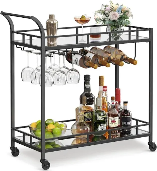 2-Tier Modern Glass Bar Cart with Wheels,  Home Bar &amp; Serving Carts