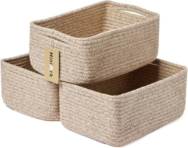 Shelf Storage Baskets for Organizing | Closet Organizer Bins | Small Baskets | Toy Basket | Cute Decorative Basket | Cube Storage Bin | Woven Rope Basket | 13×8.5×5.1” | 3 Packs Mixed Brown