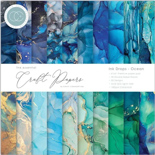 Craft Consortium INK DROPS OCEAN 8x8 Paper Pad 30 Sheet 20 Designs Double Sided