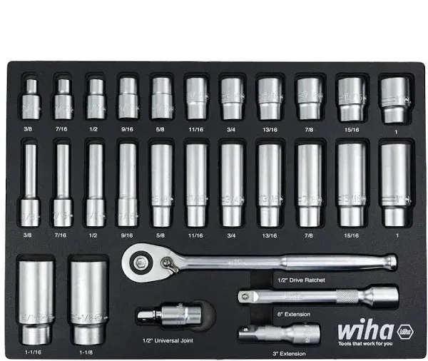 Wiha 33896 28 Piece 1/2" Drive Professional Standard and Deep Socket T