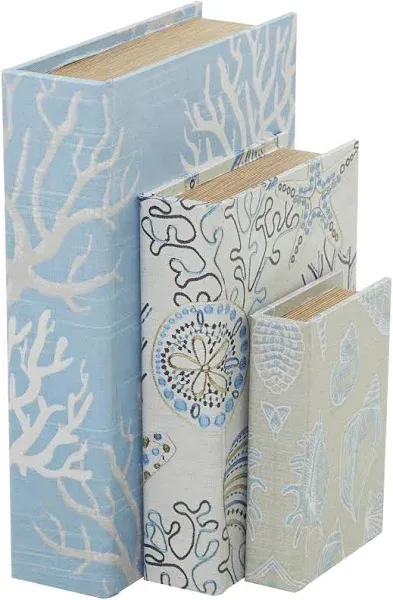 Deco 79 Canvas Decorative Box Faux Storage Book Book Shaped Boxes with Varying Coral and Shell Patterns, Set of 3 Decorative Keepsake Boxes 12", 9", 6"H, Light Blue