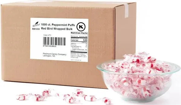 Red Bird Soft Peppermint Candy Puff Mints Bulk, Individually Wrapped with Red Bird Logo, Made with 100% Cane Sugar and Natural Peppermint Oil, Approximately 1000 pieces