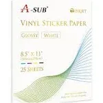 A-SUB 25 Sheets Vinyl Sticker Paper for Inkjet Printer - Glossy Printable Vin...