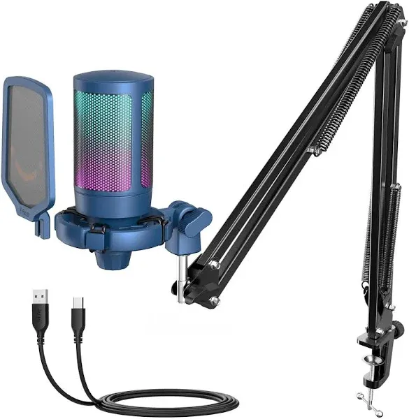 FIFINE USB Gaming Streaming Recording PC Microphone Kit, RGB Condenser Computer Mic Bundle for Podcasts, Audio, Vocal, Video on Mac/Desktop/Laptop, with Boom Arm Stand-A6T Blue