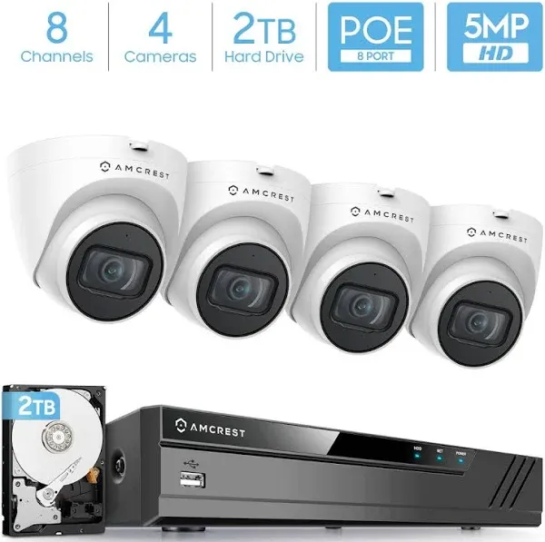 Amcrest 5MP Security Camera System, 4K 8CH PoE NVR, 4 x 5-Megapixel 2.8mm Wide Angle Lens Weatherproof Metal Bullet PoE IP Cameras, Pre-Installed 2T