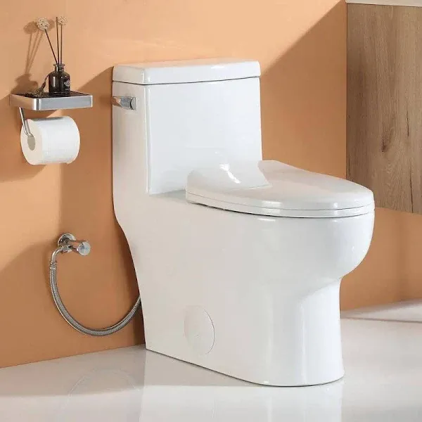 Toilet Single Flush Elongated Soft Closing Seat 1-Piece 1.28 GPF White