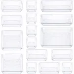 16 PCS Clear Plastic Drawer Organizers Set, 5-Size Versatile Bathroom and Vanity Drawer Organizer Trays, Storage Bins for Makeup, Bedroom, Kitchen Gadgets Utensils and Office Accessories