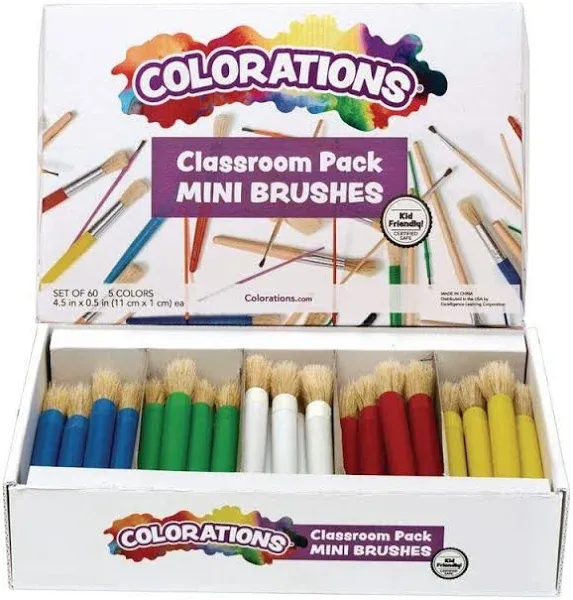 Colorations Mini Paint Brushes, Set of 60, Natural Bristle, Painting, Paint Brushes for Children , Art Supplies, Classroom Supplies, Posters, Kids Paint Brushes