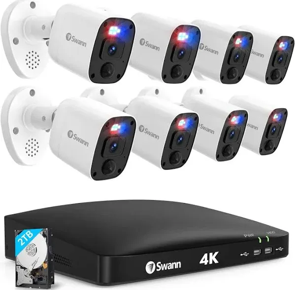 Swann 4K Security Camera System DVR with 2TB HDD, 8 Channel 8 Cam, Indoor Outdoor Wired 8MP Home Surveillance Bullet Cameras, Color Night Vision, 24/7,Heat Motion Detection, LEDs, Sirens and Mic