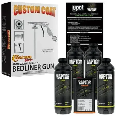 ABN U-Pol Raptor 4 Quart Kit - Black Urethane Spray-On Truck Bed Liner Kit with Spray Gun -