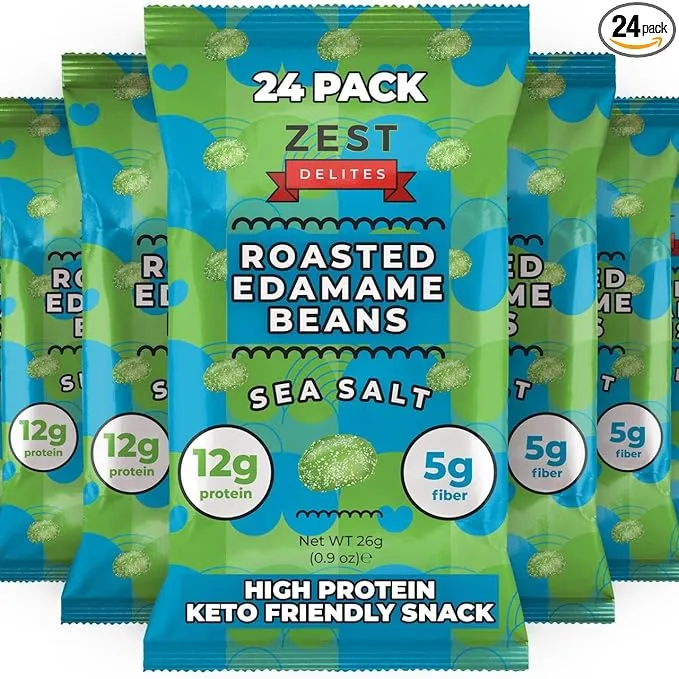 Crunchy Dry Roasted Edamame Beans Snack by Zest Delites (Sea Salt), Low Calorie High Protein Snacks (12g), Low Carb Keto Snacks, 110 Calories, High Fiber Gluten Free Healthy Snacks, 0.9 oz 24 Packs