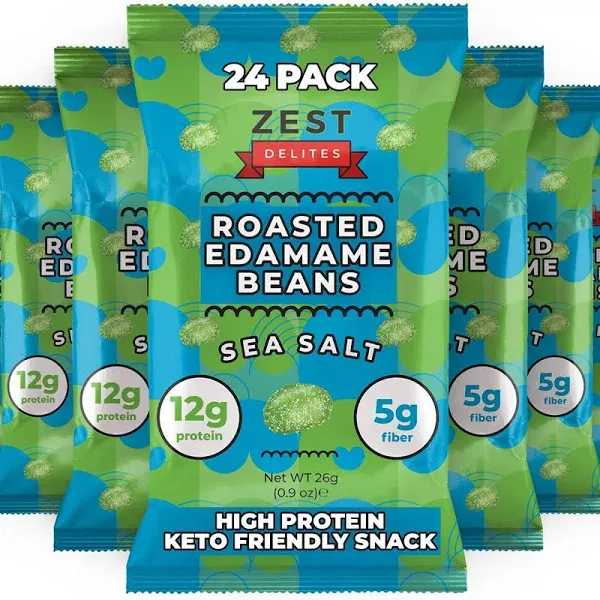 Crunchy Dry Roasted Edamame Beans Snack by Zest Delites (Sea Salt), Low Calorie High Protein Snacks (12g), Low Carb Keto Snacks, 110 Calories, High Fiber Gluten Free Healthy Snacks, 0.9 oz 24 Packs