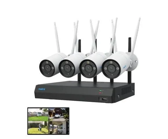 REOLINK 4K Security Camera System, 4pcs Outdoor 4K/8MP Plug-in WiFi 6 Cameras, Full Metal Material, Color Night Vision, Person/Vehicle/Animal Detection, 16CH WiFi NVR with 2TB HDD, RLK12-800WB4