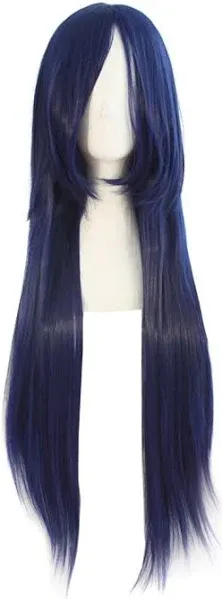 MapofBeauty 32" 80cm Long Straight Anime Costume Cosplay Wig Party Wig (Dark Blue/Jet Black)