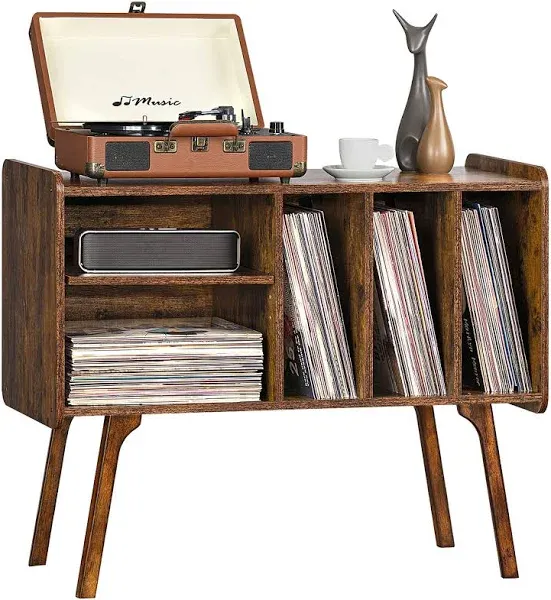 Lerliuo Record Player Stand with Charging Station Holds Up to 220 Albums, Brown Turntable Stand with 4 Cabinet, Large Mid-Century Record Player Table,Vinyl Holder Storage for Bedroom Living Room