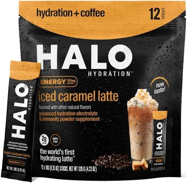 HALO Iced Caramel Latte - Energy Drink Powder – Healthy Coffee Mix for Hydration with Electrolytes, Caffeine, Vitamins and Minerals - 20 Calories - Keto and Low Calorie - 1 x 12 Sticks