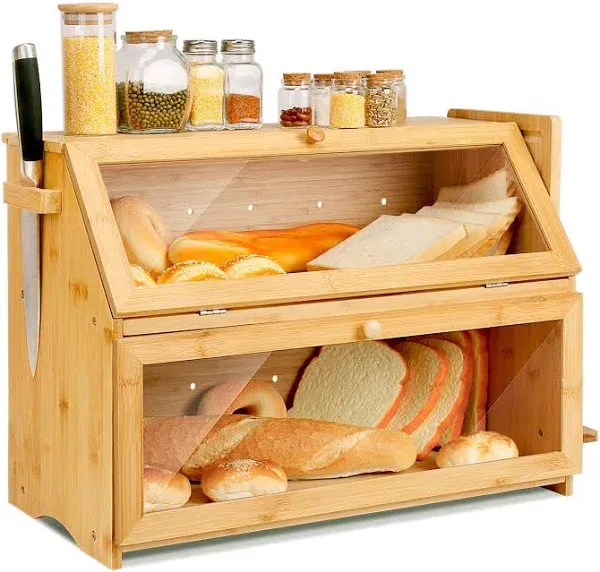 Double Layer Large Bread Box for Kitchen Counter Wooden Large Bread Storage Bin