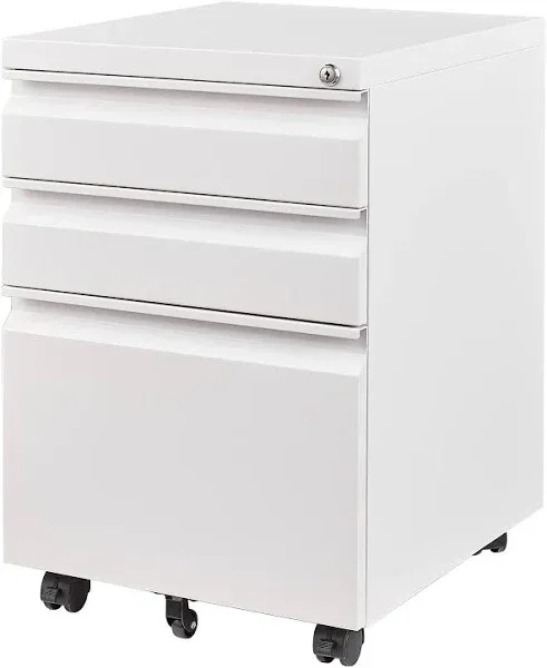 Yizosh 3 Drawer Mobile File Cabinet with Lock, White Under Desk Rolling Filing Cabinet, Metal Locking File Cabinet on Wheels for Legal/Letter/A4 File (Full Assemble)