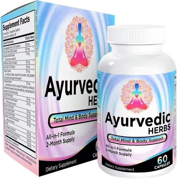 Ayurvedic Herbs (All-in-1) Supplement 2-Month Supply - Ayurveda Mind, Body & Spirit Herbal Blend Complex with 17 Active Ingredients - Natural Ayurvedic Supplements - 60 Capsules