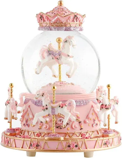 Musfunny Carousel Snow Globe Music Box: Crystal Ball Music Boxes with Pink