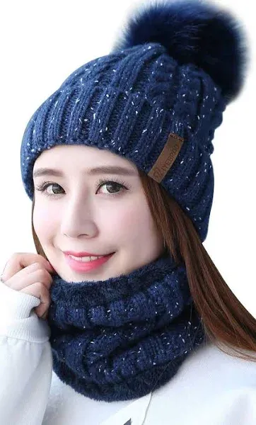 IYEBRAO Womens Winter Knit Beanie Hat Scarf Set Girls Slouchy Thick Fleece Lined Ski Hat Warm Skull Cap Pom