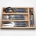 Jean Dubost Laguiole 24-Piece Everyday Flatware Set, Gray Handles - Rust-Resistant Stainless Steel - Includes Wooden Tray - Made in France