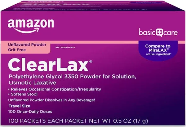 Amazon Basic Care ClearLax Polyethylene Glycol 3350 Powder for Solution, Orange Flavor, Osmotic Laxative, Stool Softener, Relieves Occasional Constipation, 8.3 ounce (Pack of 1)