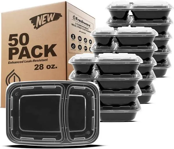 15 Pack Meal Prep Containers, 2 Compartment Bento Box, Microwave &amp; Dishwasher Sa