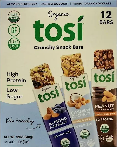 Tosi Crunchy Snack Bars (Almond Blueberry, Cashew Coconut, Peanut Choco) 12 Bars