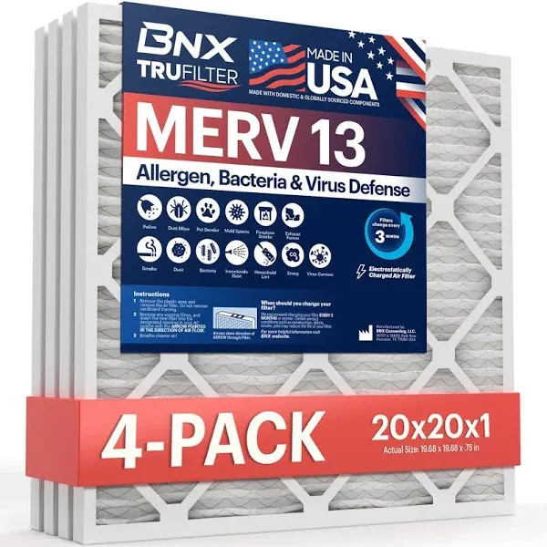 BNX TruFilter 20x24x1 Air Filter MERV 13 (4-Pack) - Made in USA - Electrostatic Pleated Air Conditioner HVAC AC Furnace Filters